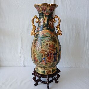 Satsuma Style Large Asian Morriage Porcelain Gold Handle W/ Stand 18"